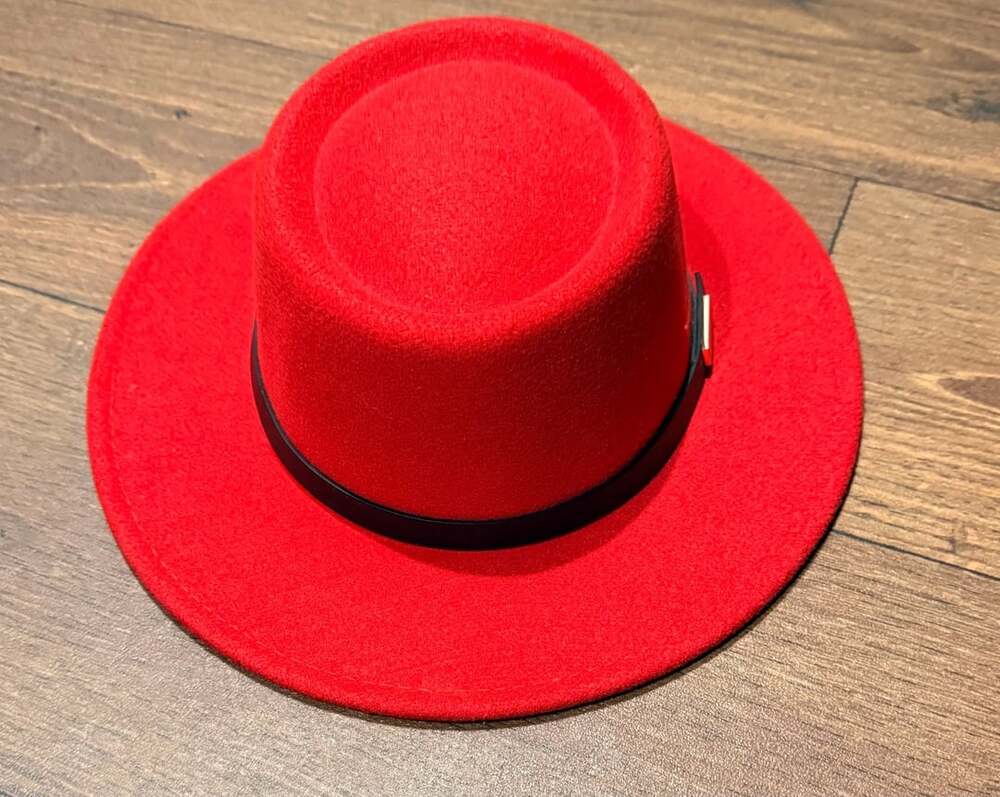 Red Wool Blend Flat Top Fedora Hat with Black Belt and Gold Buckle